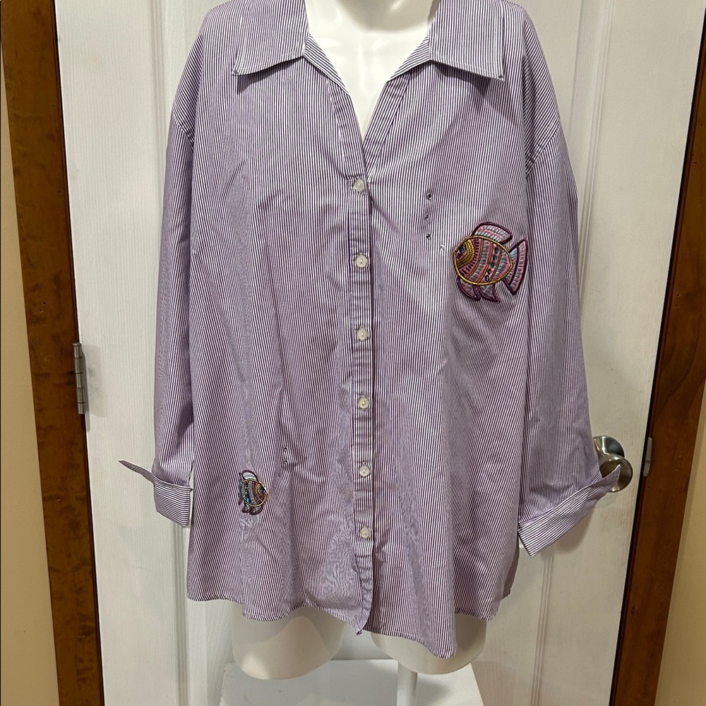 Purple Striped Button-Down Shirt with Fish Embroidery